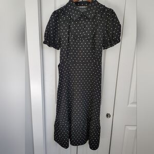 Allegra K Black Heart-Print Puff Sleeve Midi Dress Sz S Retro Sweetheart